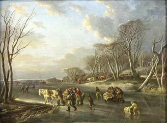Reisende im Schlitten auf einem Fluss in Holland